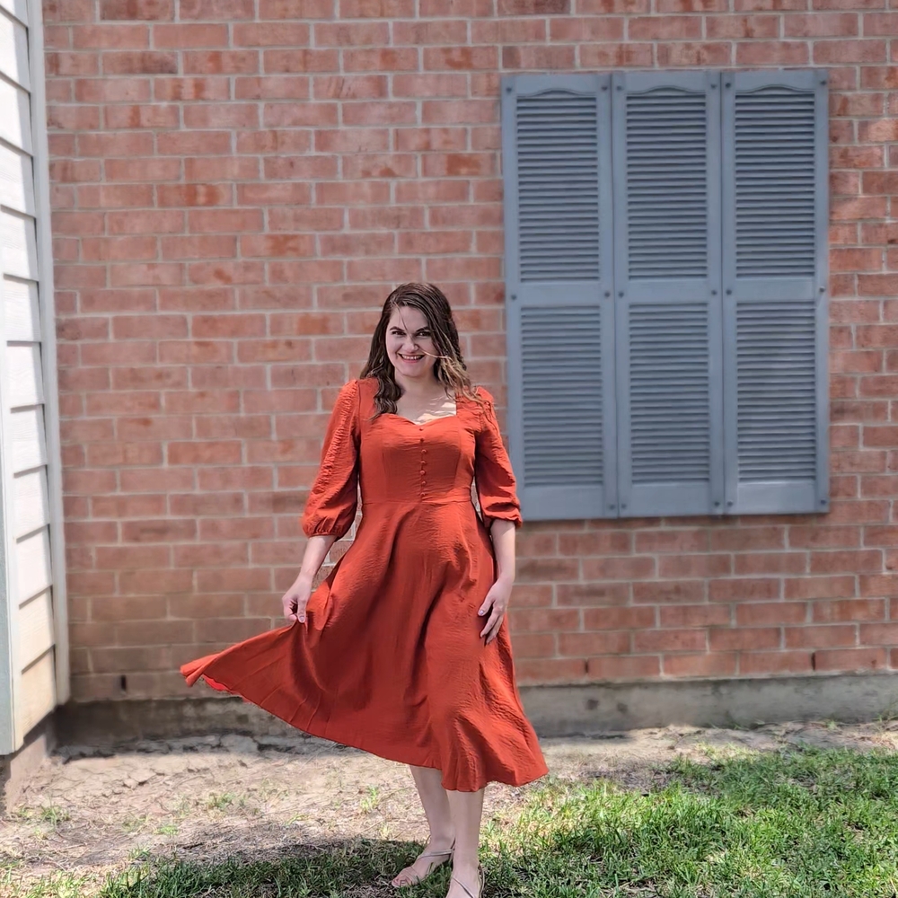 Orange Sweetheart Neck Bishop Sleeve Midi Sundress
